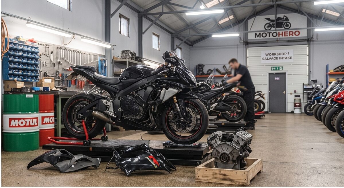 Beoordeling van een motorfiets in de werkplaats